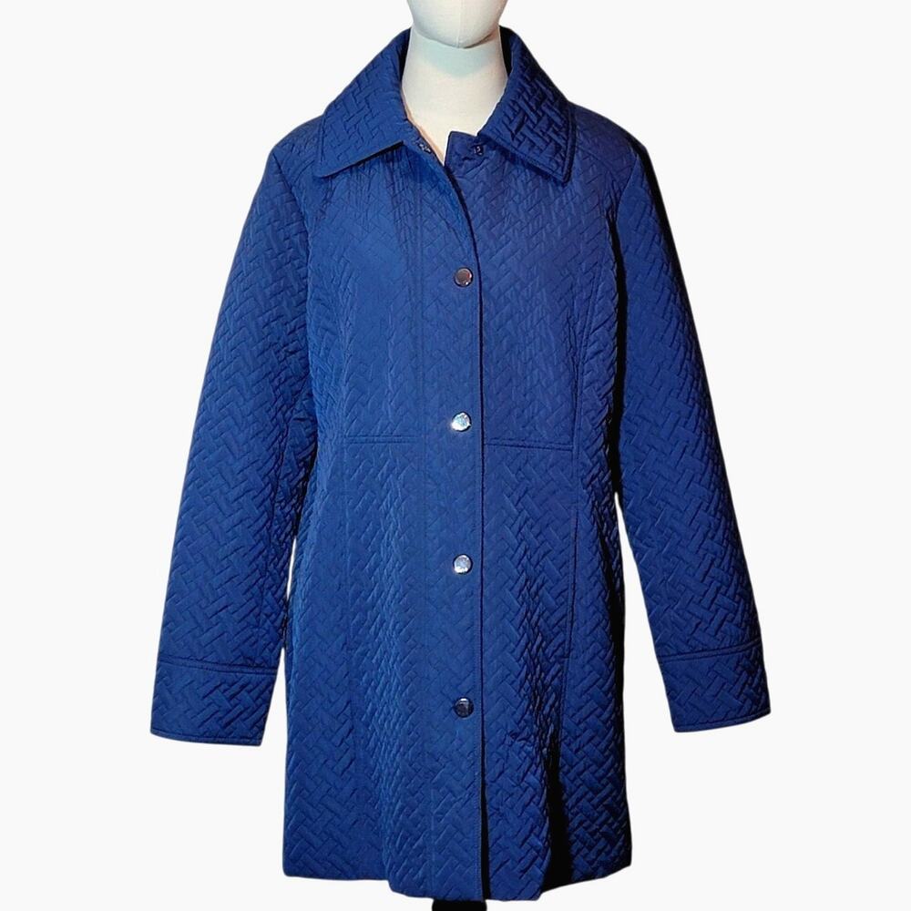Anne Klein Blue Quilted A-Line Mid Length Snap Front Coat Size L/XL Chic - Picture 6 of 16
